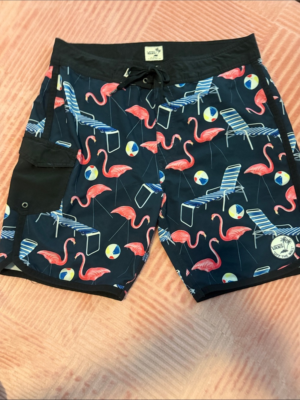 Vans Navy Board Shorts with Pink Flamingo Print